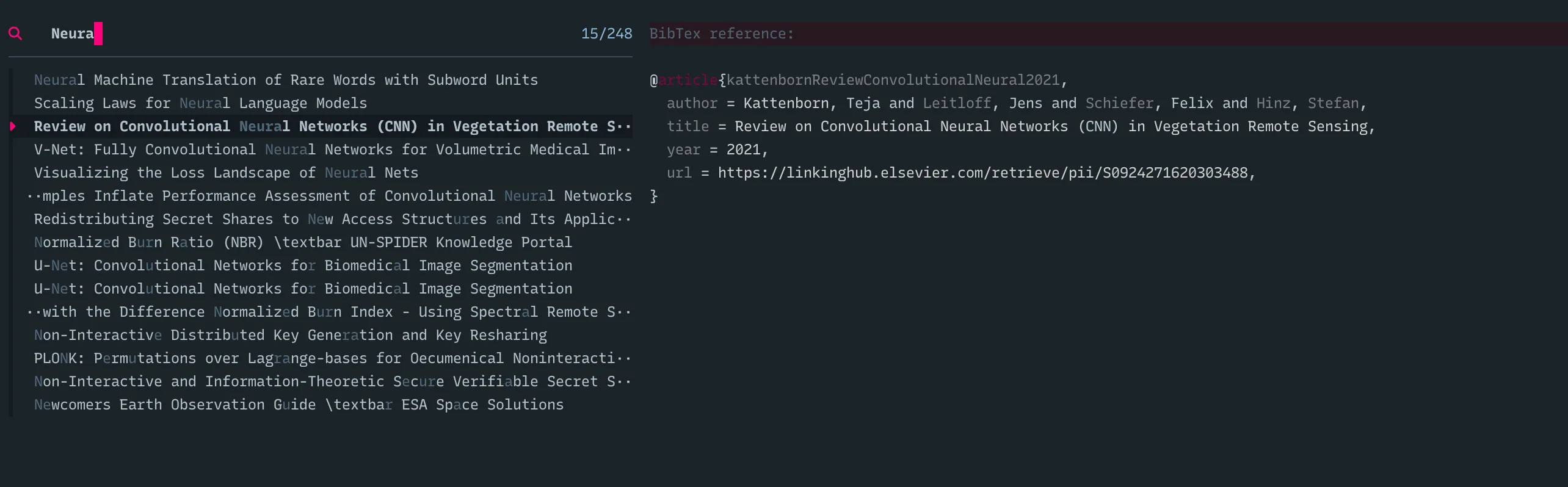 Fzf fuzzy bibliography search in Neovim. On the left of the panel we have all the reference names filtered by our query. On the right we have the Better BibTex content associated with the selected reference. fzf-citation