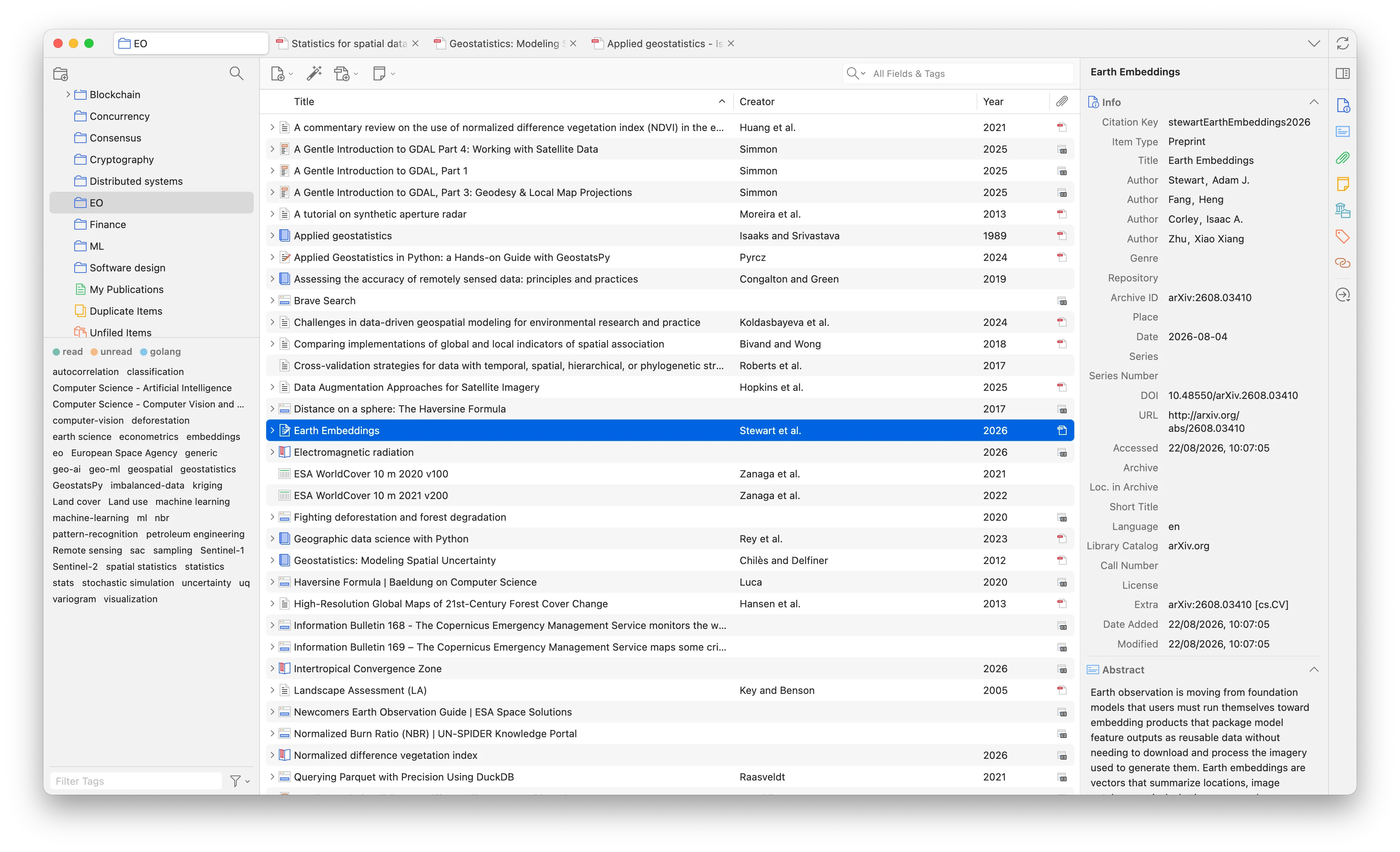 UI of the Zotero app. On the top left we have the library with all the different sections. On the bottom left we have all the tags for the selected section. In the center we have all the sources, and the pane on the right displays the metadata of the selected one. zotero